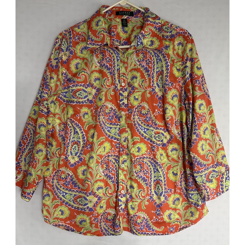 Lauren Ralph Lauren Paisley Button-Up Blouse Women's 2X Orange Multicolor